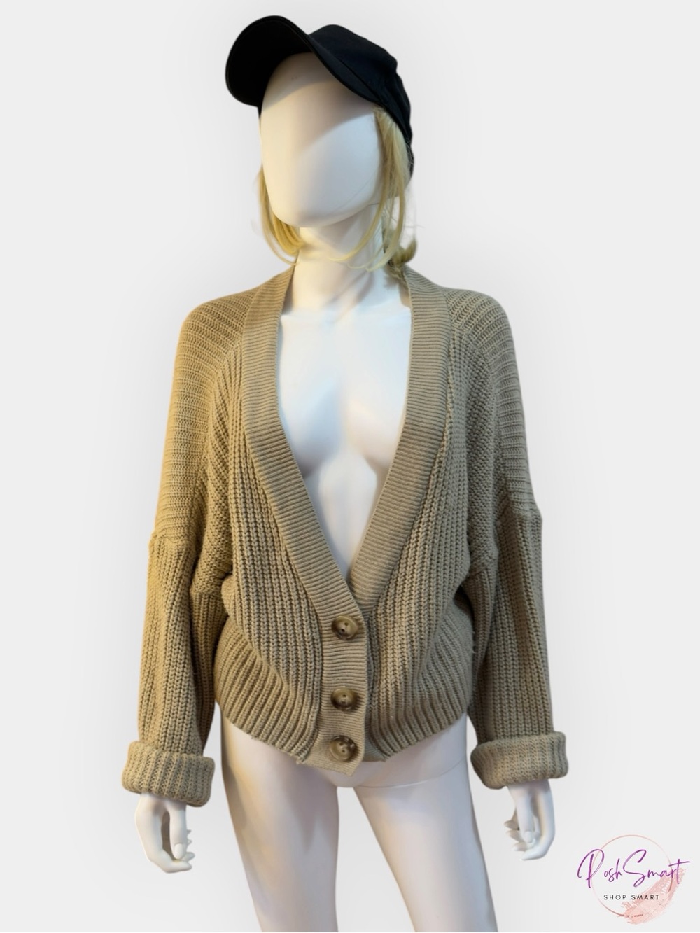 Missguided Oversized Cropped Chunky Knit Cardigan Tan Beige |  Size M